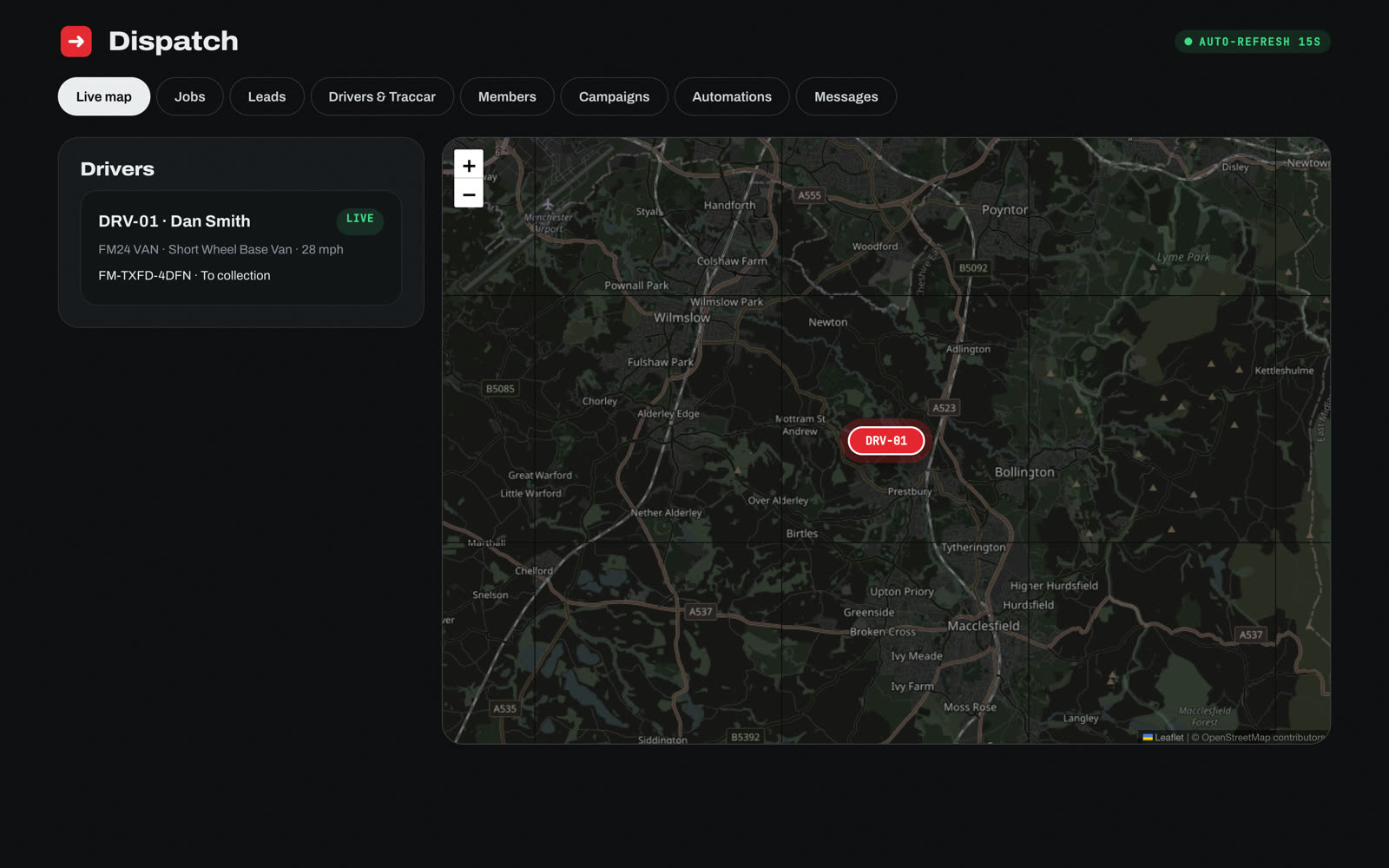 Dispatch console with each driver on a live map