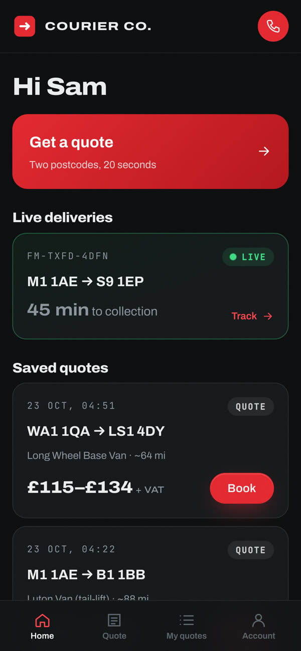 App home with a live delivery and saved quotes