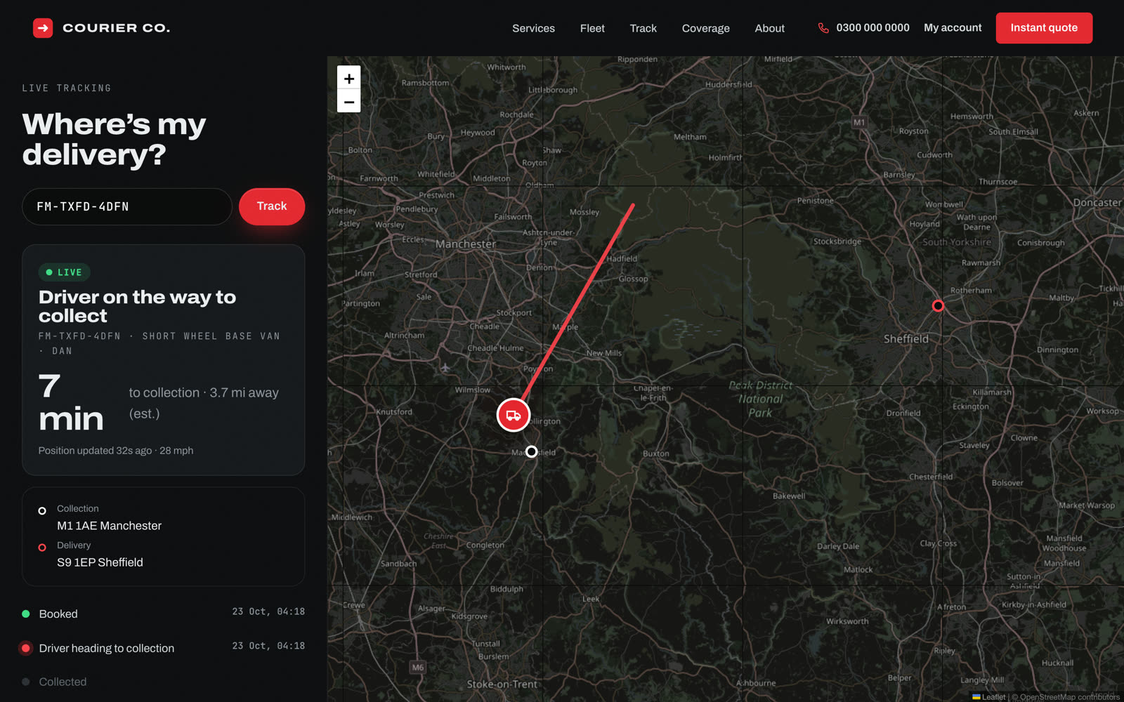 Live tracking page with the van on a map and seven minutes to collection