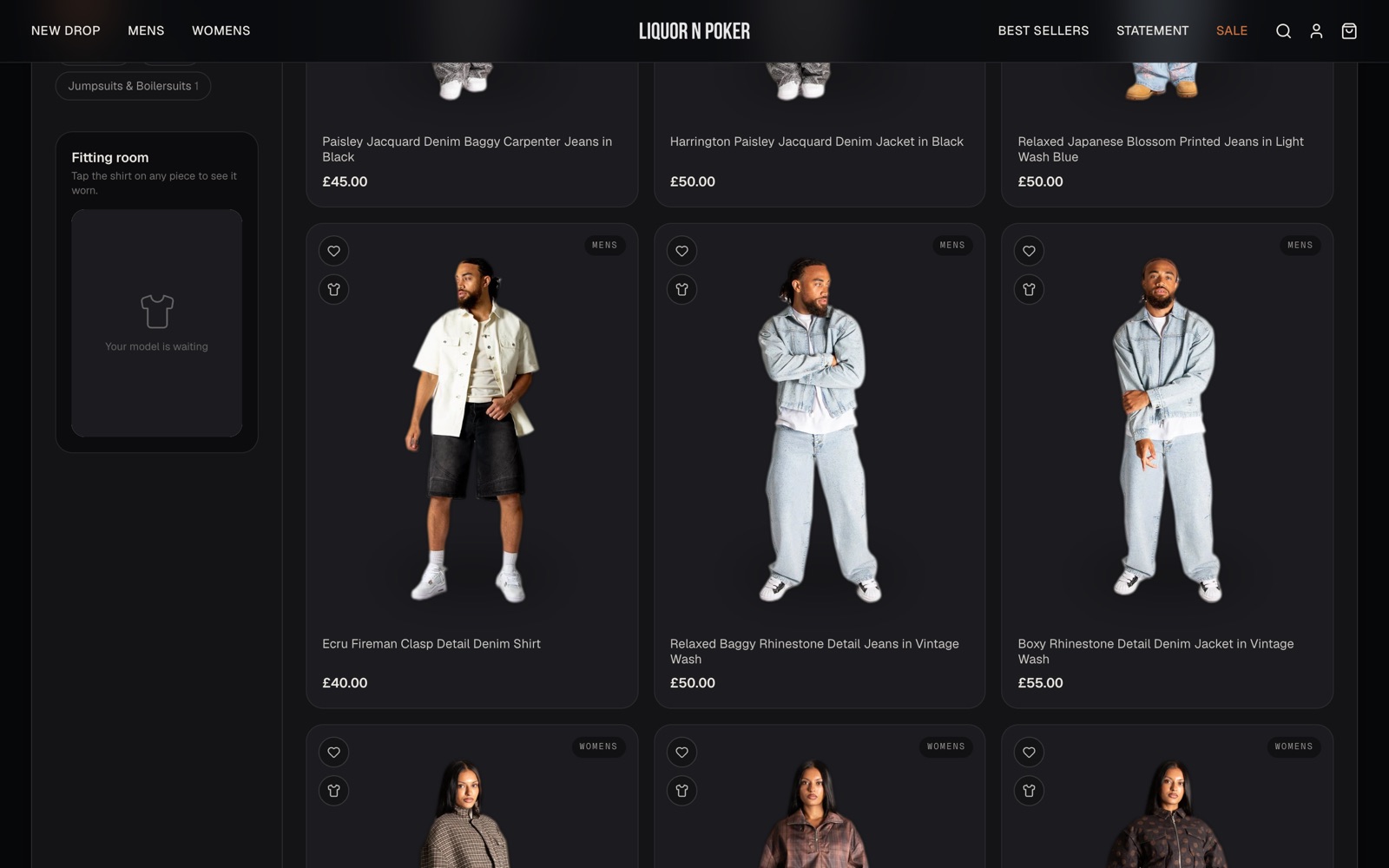 Product grid with a fitting room panel on the left