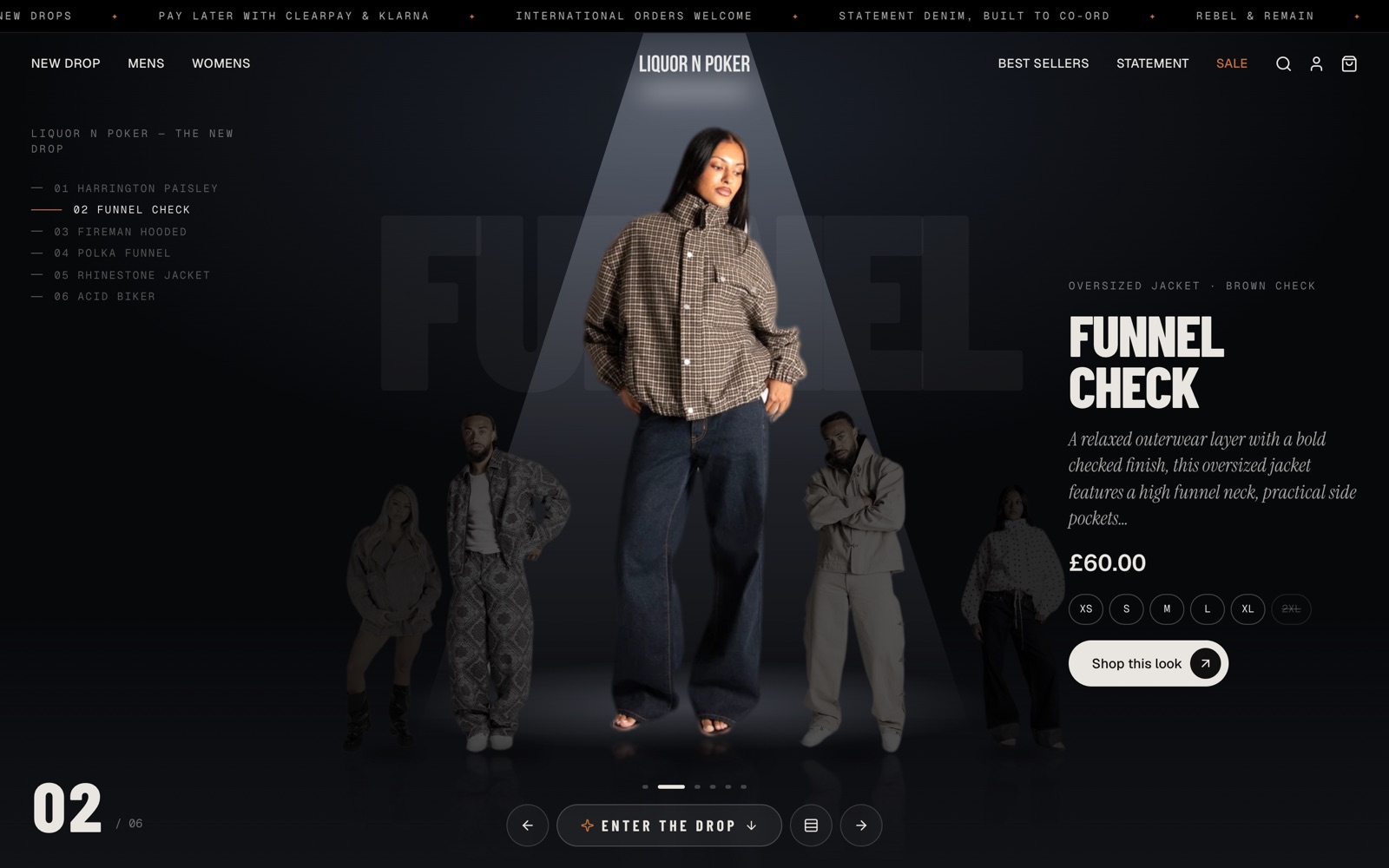 Desktop hero with the Funnel Check jacket in the spotlight at £60